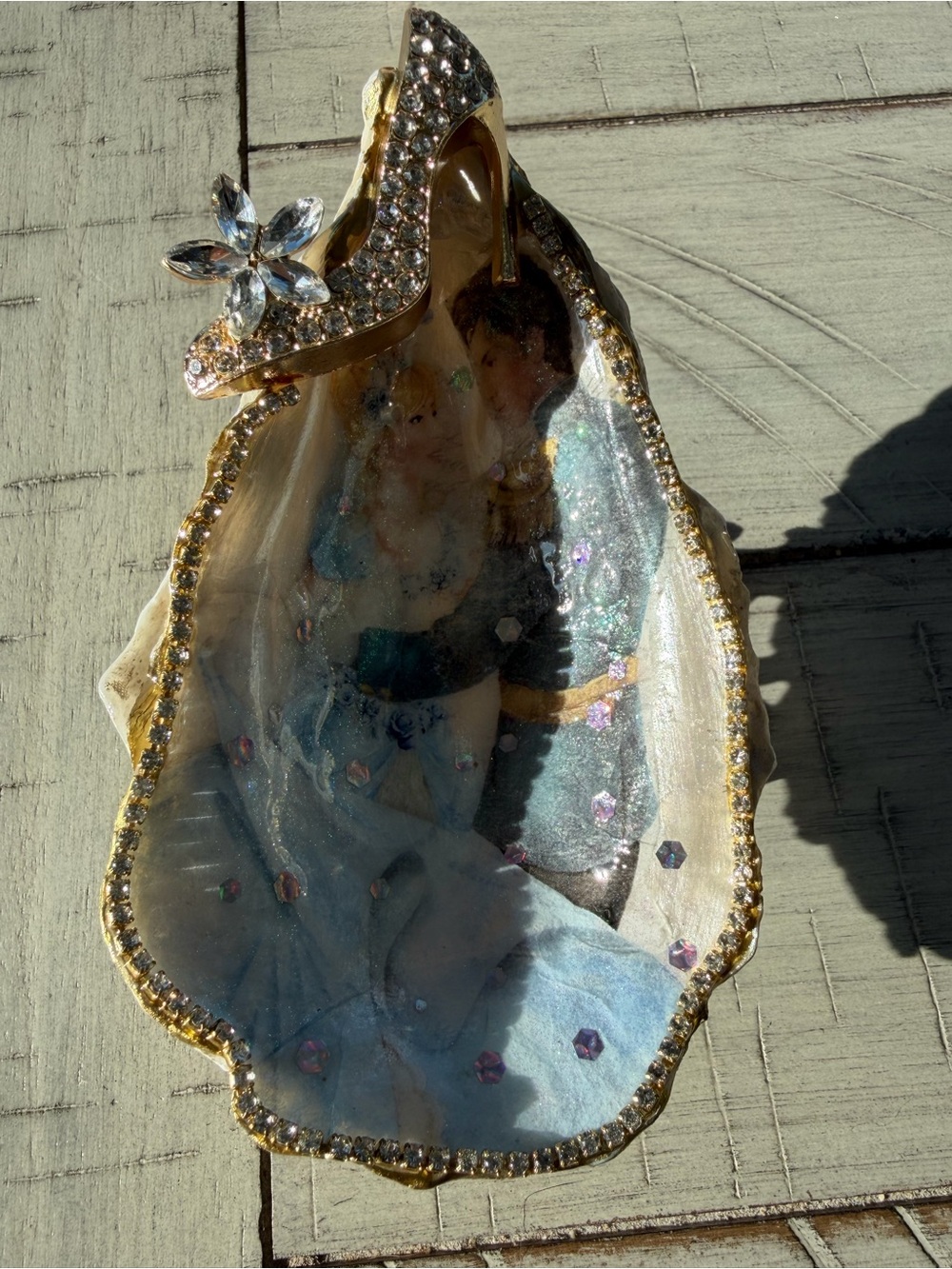 Handmade Cinderella and Prince Charming decoupage oyster shell trinket dish